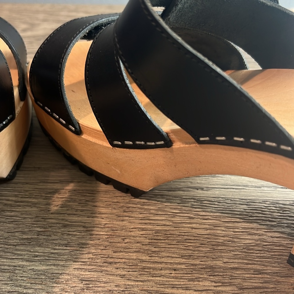 Swedish Hasbeens Wooden Strappy Leather Velcro Slip-On Platform Sandal - Picture 7 of 11